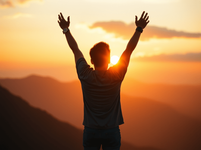 Hombre levanta los brazos, mirando hacia el horizonte, en un atardecer, en señal de triunfo